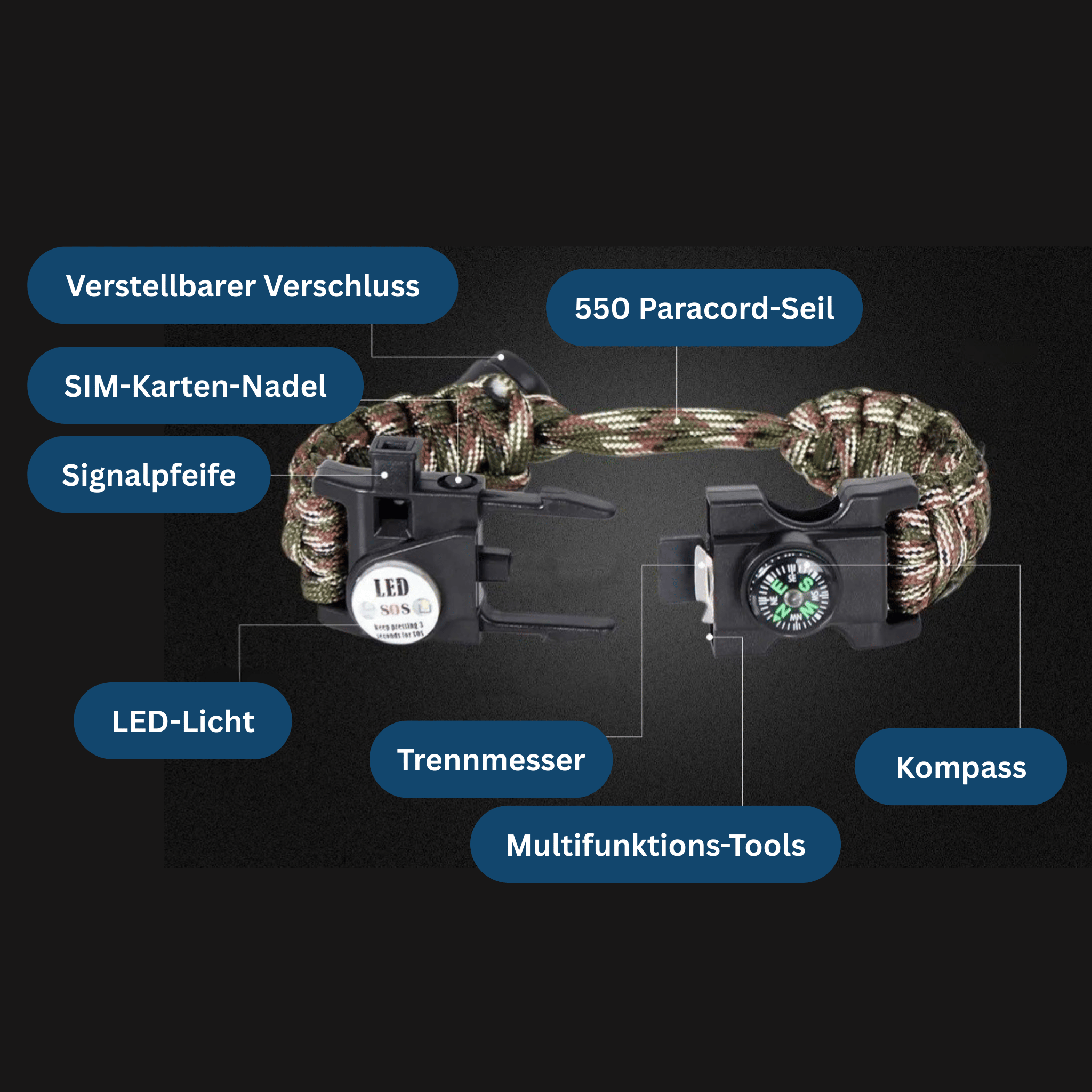 Survival Paracord Bracelet – With LED & Compass