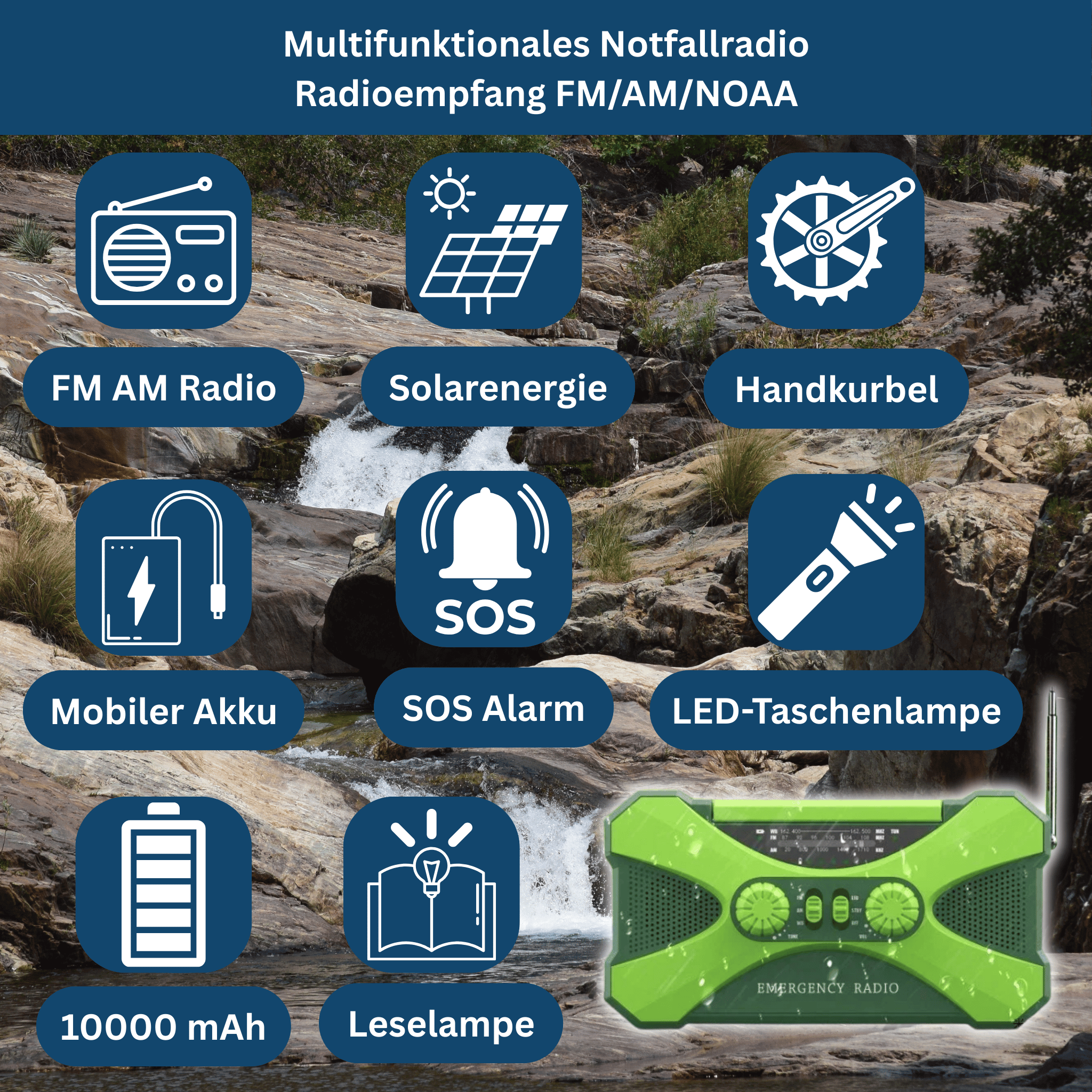 Power Emergency Radio 10,000mAh – Solar, Hand Crank, LED & SOS